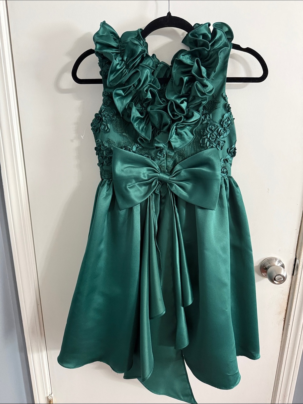 Bonnie Jean Emerald Green Ruffle Floral Satin Dress - Picture 3 of 13